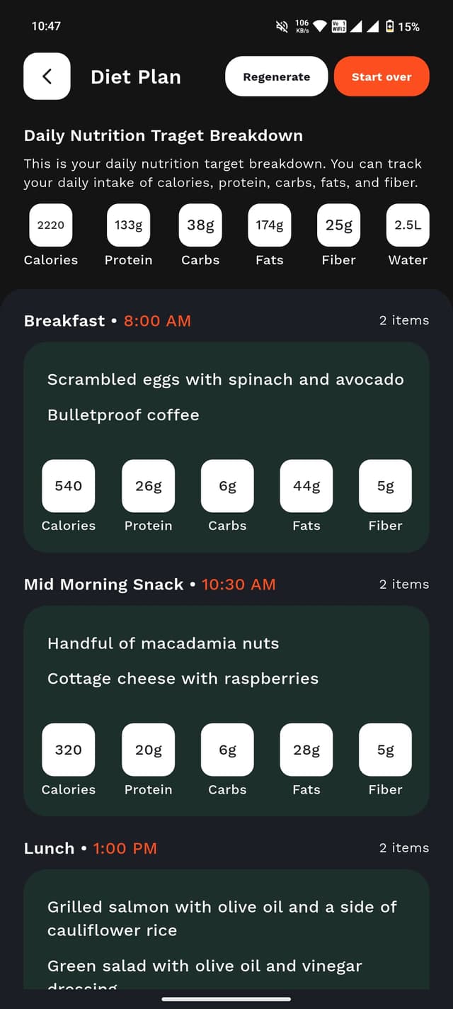 Daily meal plan screen